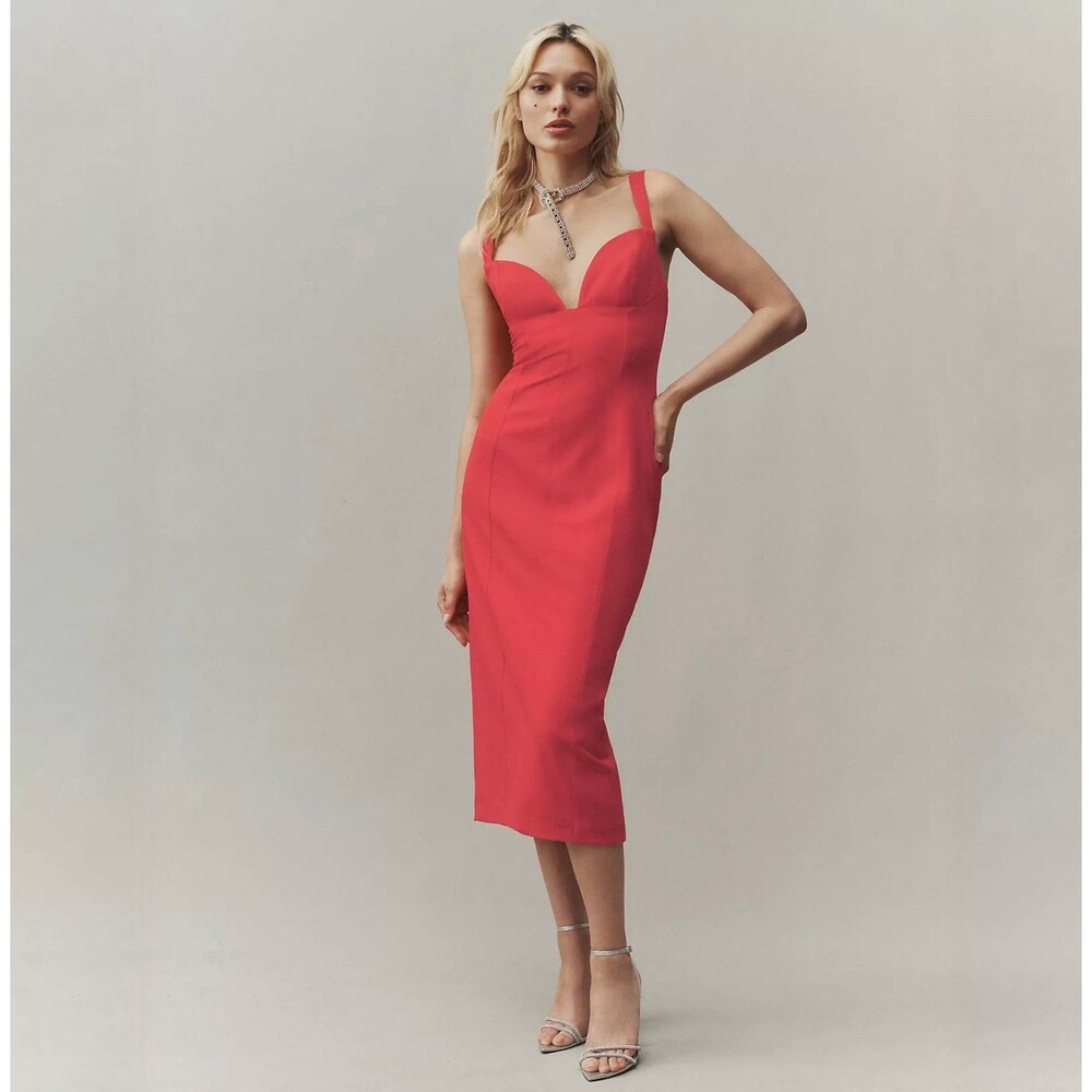 NWOT BHLDN Anthropologie Sage Sweetheart Red Stretch Crepe Midi Dress XS